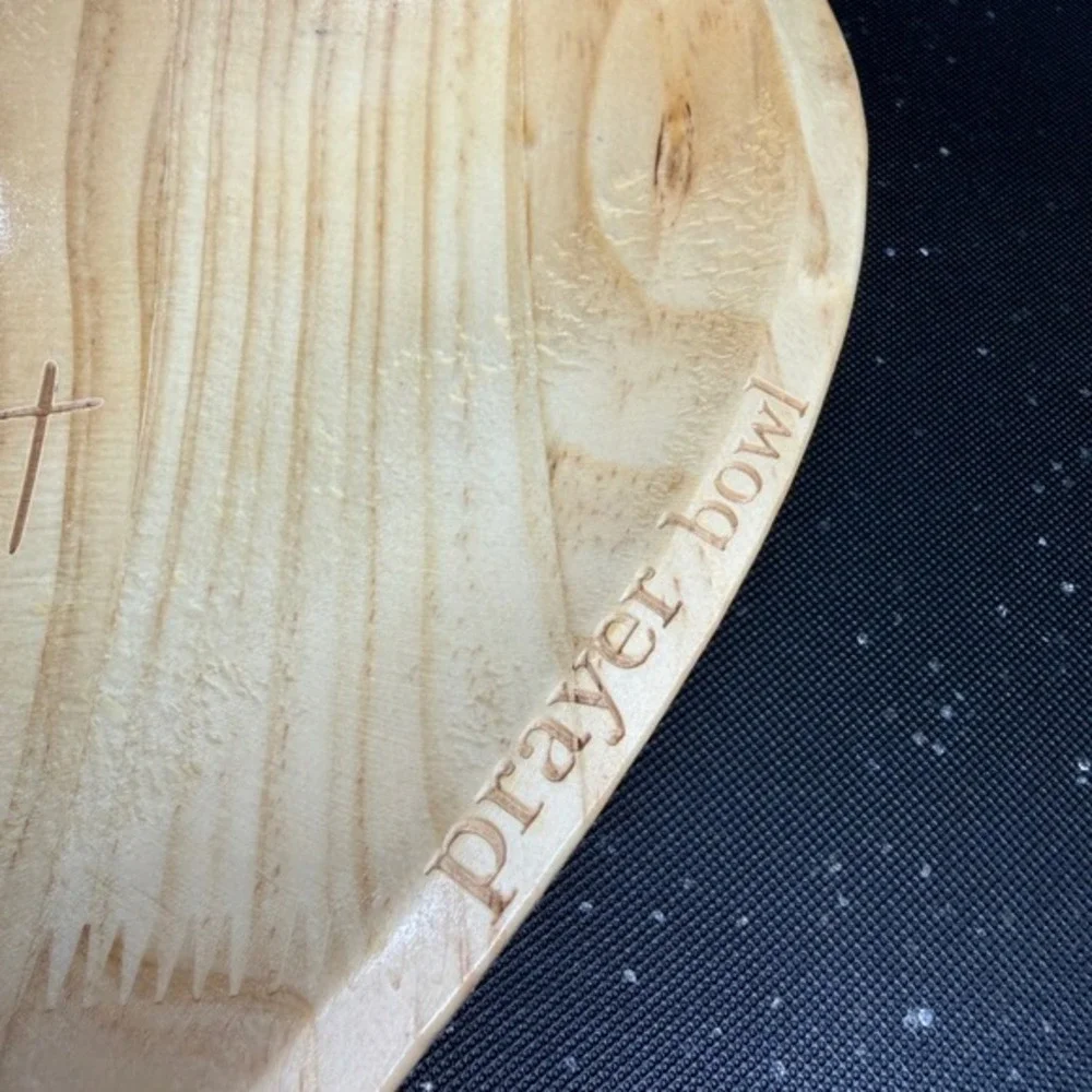 Handcrafted Heart Shaped Wooden Prayer Bowl with Engraved Crosses and Rim‎ Text